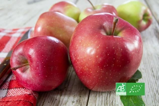 Pommes bio rouges sur une table en bois, avec logo AB