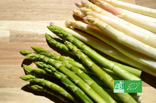 Botte d’asperges vertes et blanches bio sur une planche en bois, avec logo AB